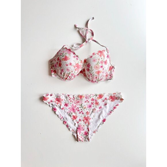 H&M White Pink Floral Scalloped 2pc Halter Bikini Set, Size 36D/10 - Picture 1 of 12